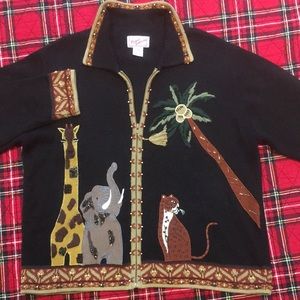 Vintage Ronnie Salloway Embellished Safari Animal Knit Cardigan Sweater size XL